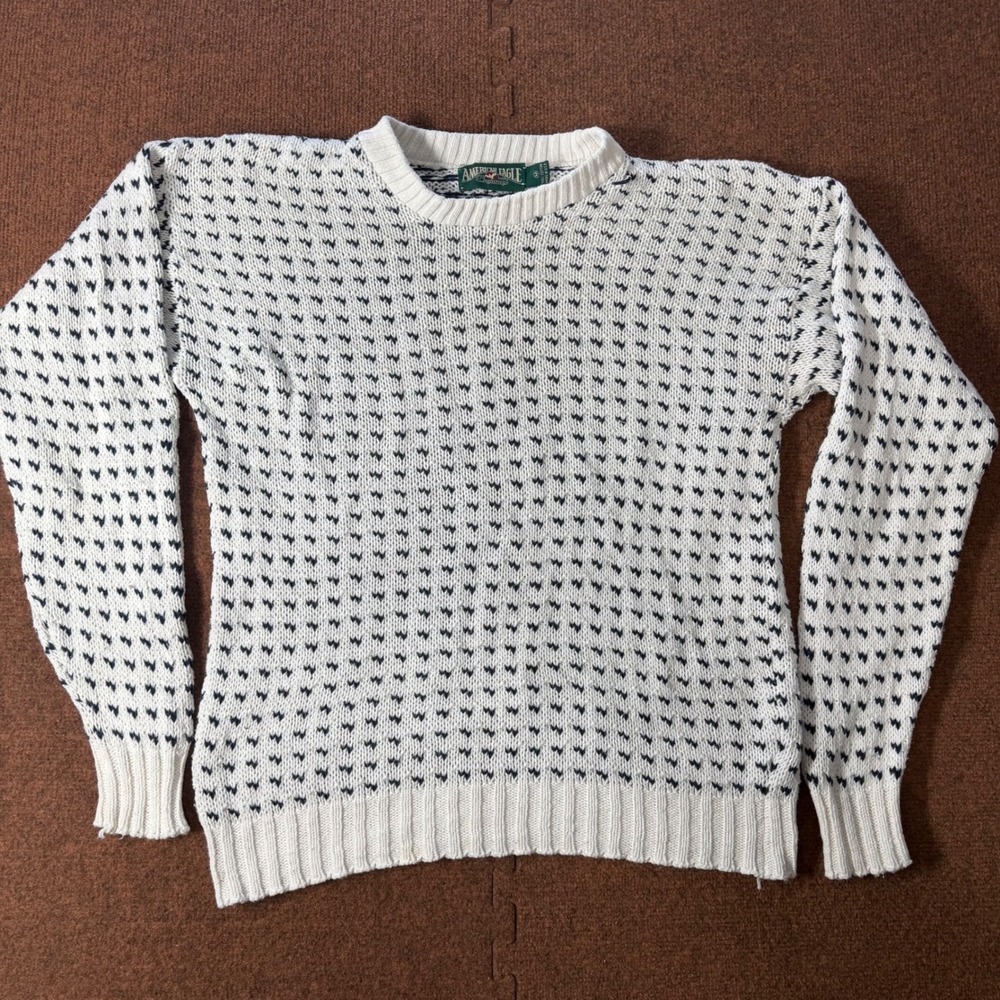 Vintage American Eagle Outfitters Cotton Birds Eye Knit Sweater Cream Navy M USA